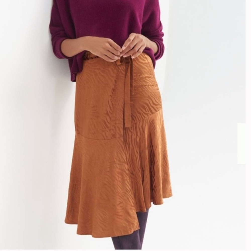 Maeve Tamra Bronze Silky Jacquard Midi Faux Wrap Skirt Size 6US